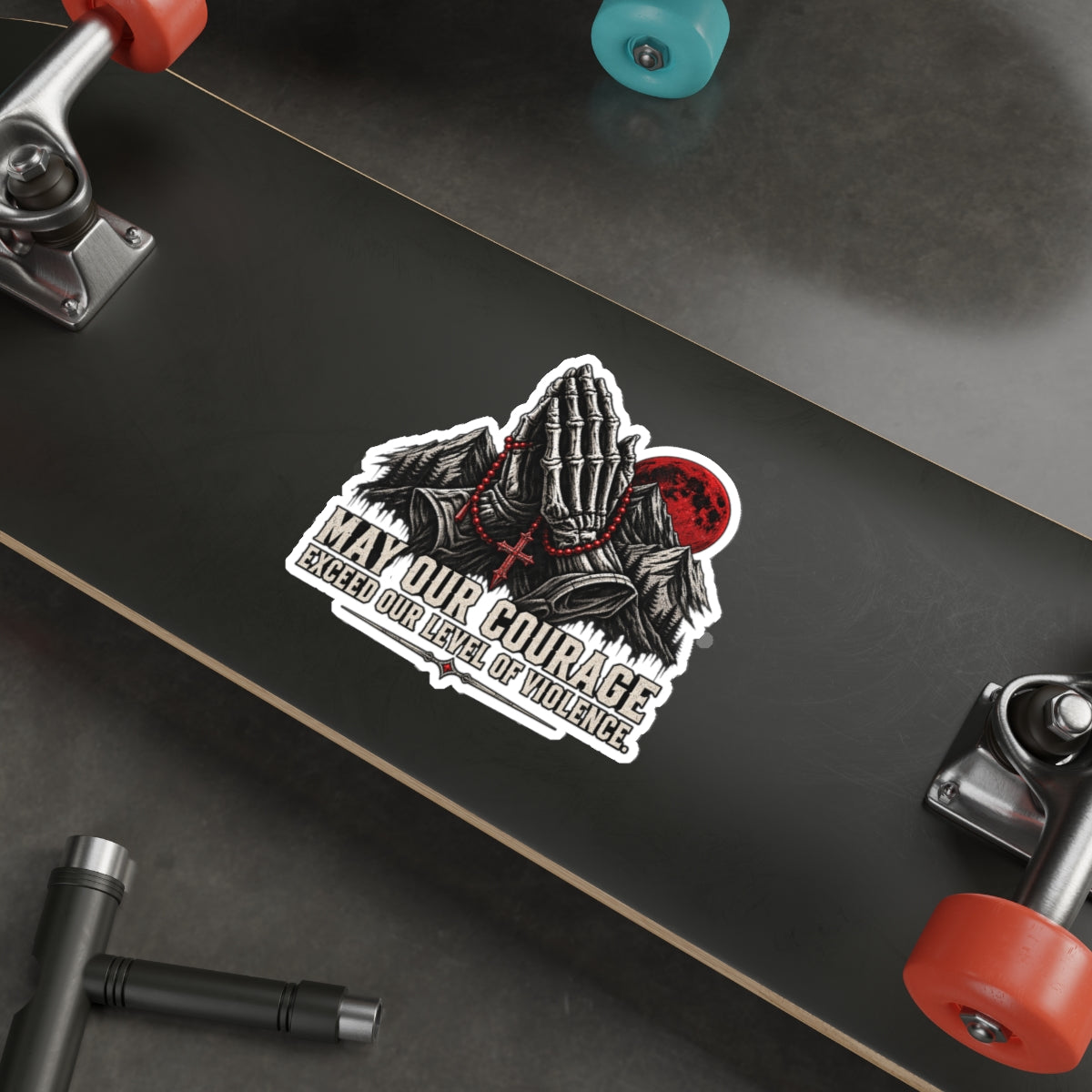Die-Cut Sticker - 'May Our Courage Exceed Our Level of Violence' Praying Hands with Mountains & Red Moon Printify