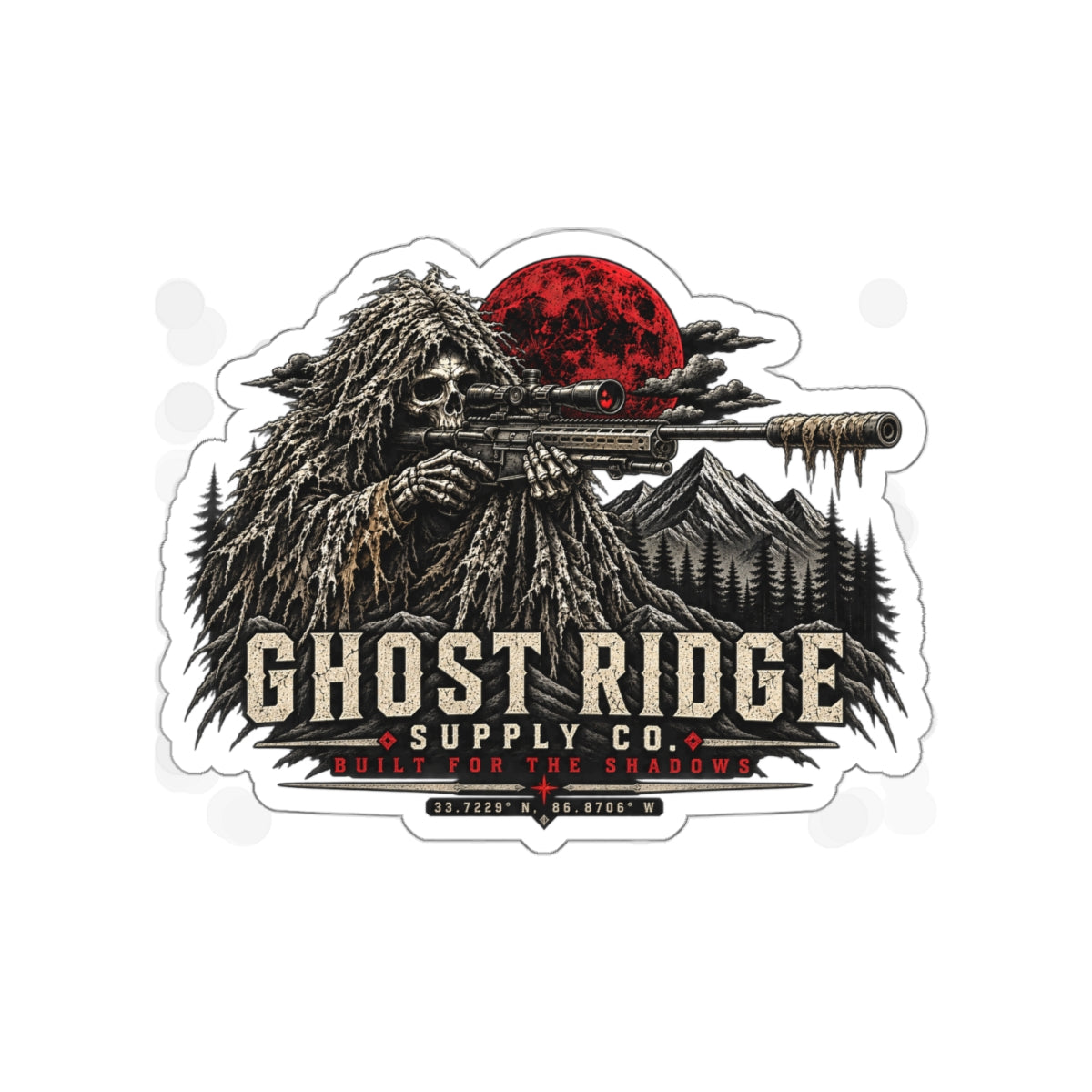 Ghost Ridge Die-Cut Sticker — Sniper Skull Red Moon Outdoor Decal Printify