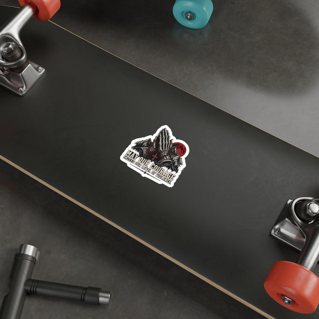 Die-Cut Sticker - 'May Our Courage Exceed Our Level of Violence' Praying Hands with Mountains & Red Moon Printify