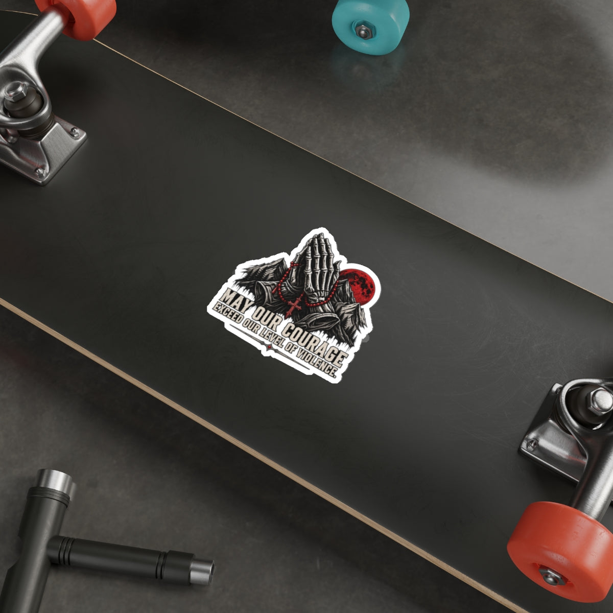 Die-Cut Sticker - 'May Our Courage Exceed Our Level of Violence' Praying Hands with Mountains & Red Moon Printify