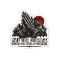 Die-Cut Sticker - 'May Our Courage Exceed Our Level of Violence' Praying Hands with Mountains & Red Moon Printify