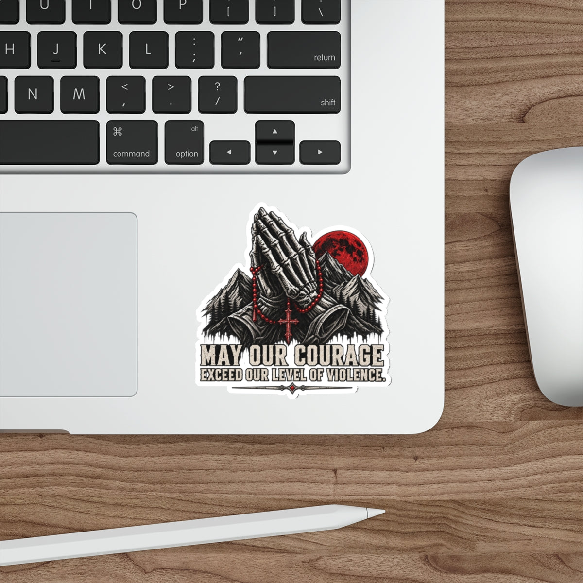 Die-Cut Sticker - 'May Our Courage Exceed Our Level of Violence' Praying Hands with Mountains & Red Moon Printify