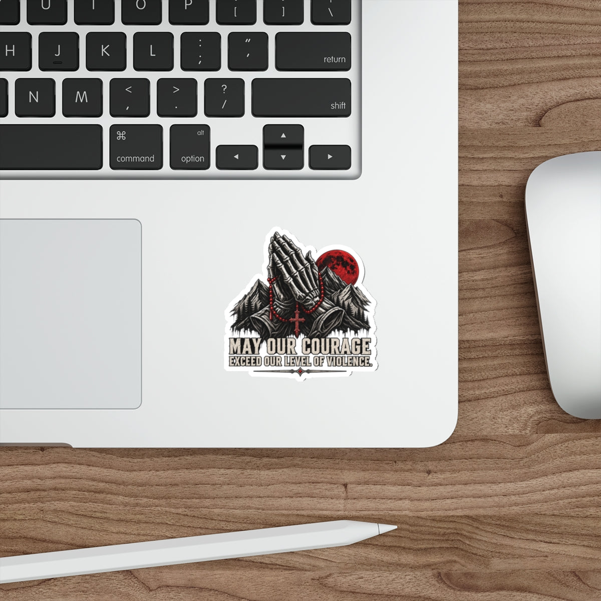 Die-Cut Sticker - 'May Our Courage Exceed Our Level of Violence' Praying Hands with Mountains & Red Moon Printify
